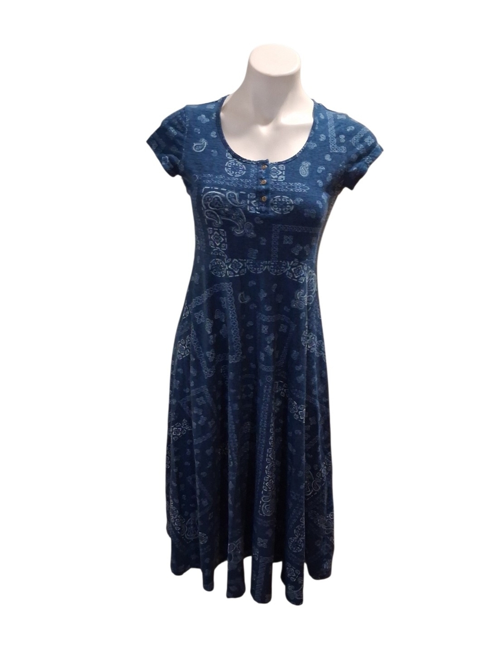 Chaps Navy Blue Short-Sleeve Midi Dress with Paisley Print